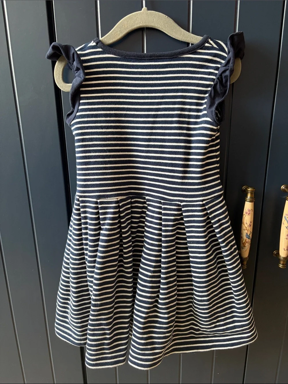 Rachel Riley Navy & White Striped Flutter Sleeve Dress - 2T